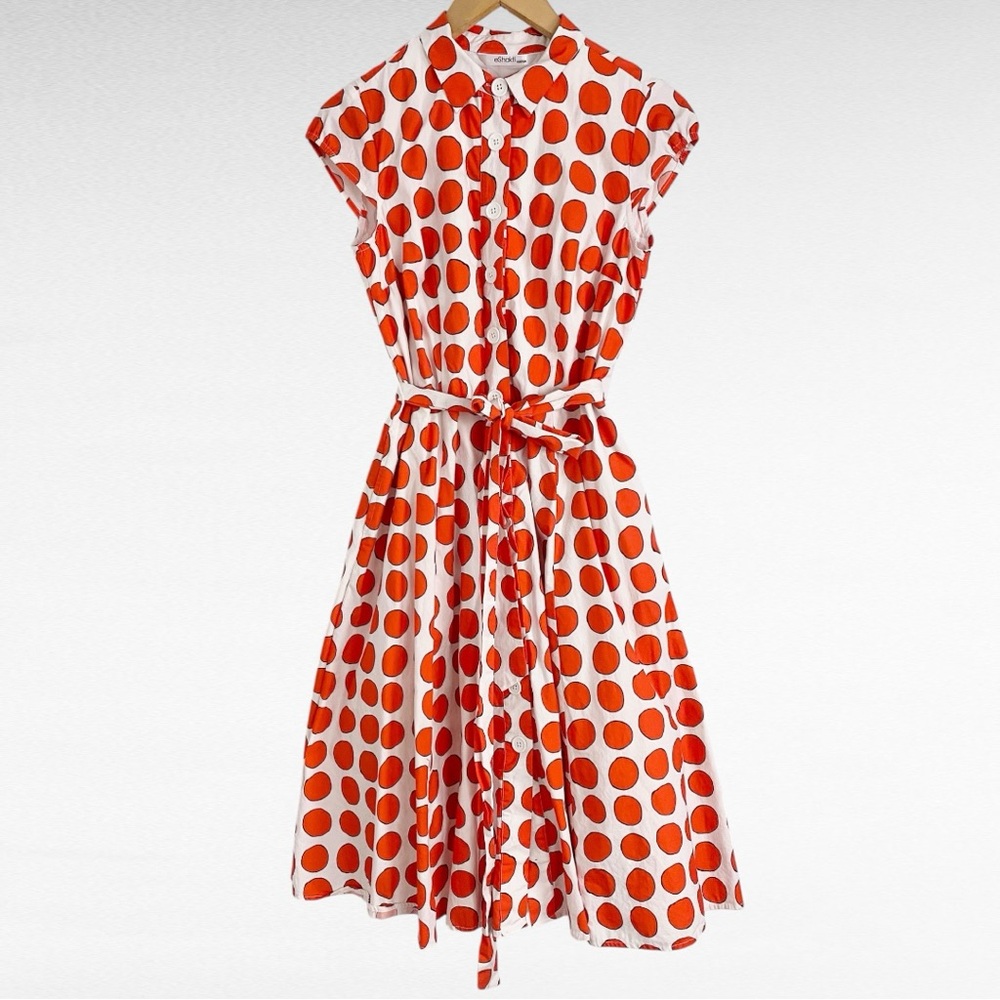 eShakti | White & Red Polka Dot Cotton Fit & Flare Midi Shirt Dress w/Pockets - Picture 6 of 7